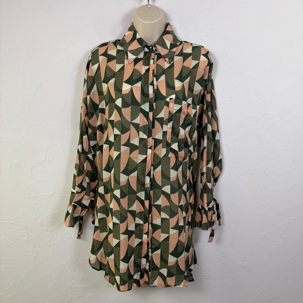 PatBO Long Sleeve Button Down Shirt Cover up Women 4 Green Luxury Chic Flawed